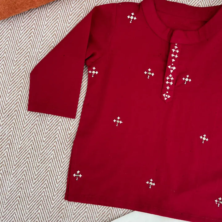 Bhaakur  Cotton Embroidered Kurta Set For Boys - Red