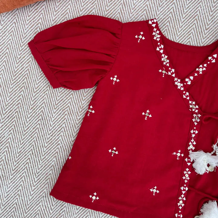 Bhaakur  Cotton Embroidered Angrakha Set For Girls - Red