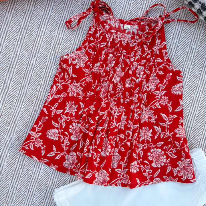 Bhaakur Organic Cotton Floral Tie-Up Co-ord Set For Girls - Red