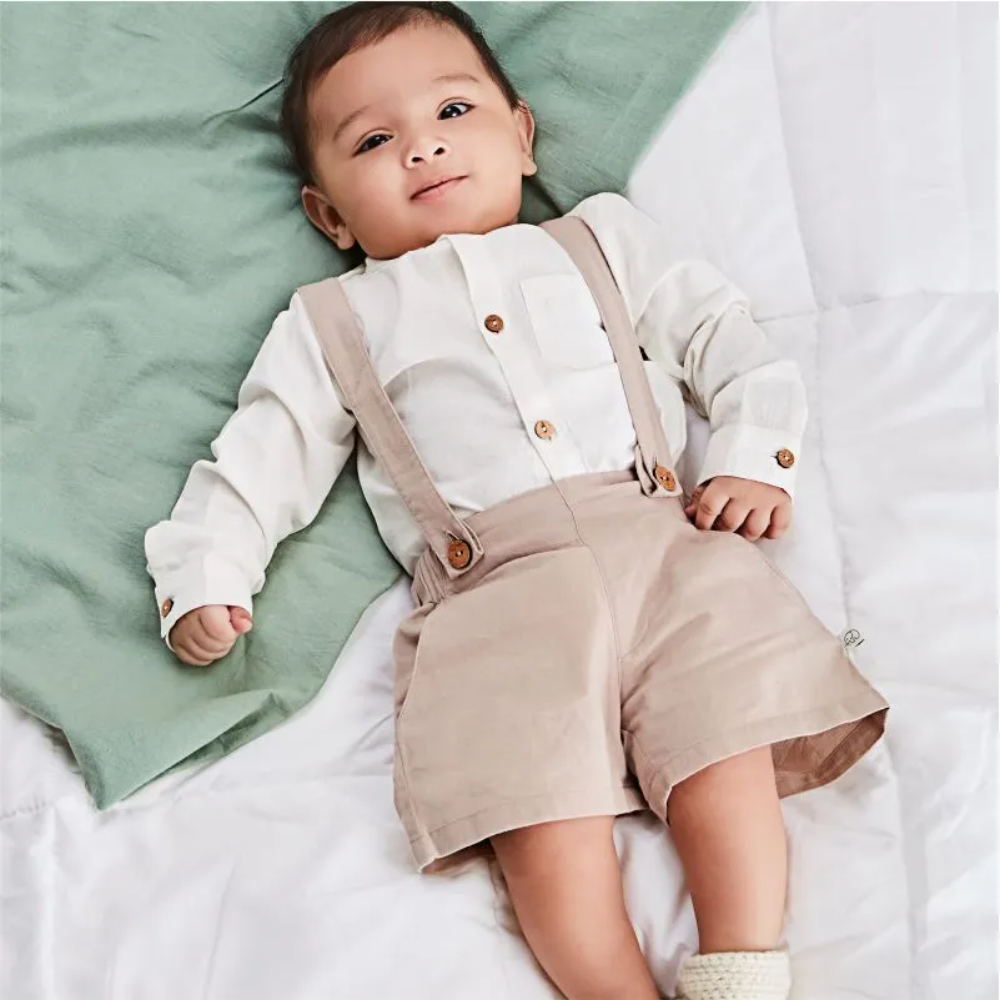 Furr Balls Shirt & Suspender Shorts Set - White & Ruby Tan