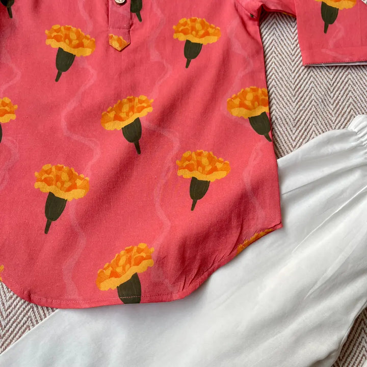Bhaakur Organic Cotton Marigold Unisex Pink kurta Set