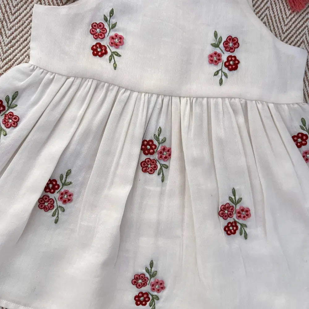 Bhaakur Chanderi Floral Embroidered Tie-Up Dress For Girls - White