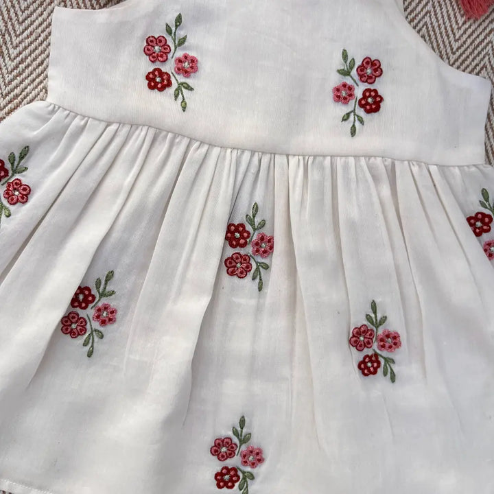 Bhaakur Chanderi Floral Embroidered Tie-Up Dress For Girls - White
