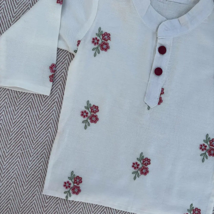 Bhaakur Chanderi Floral Embroidered Kurta Set For Boys - White