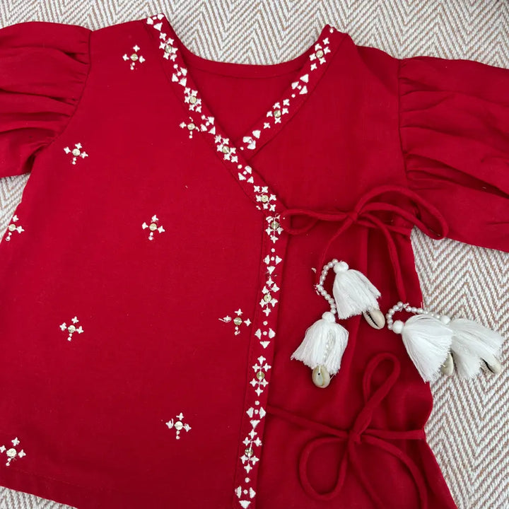 Bhaakur  Cotton Embroidered Angrakha Set For Girls - Red