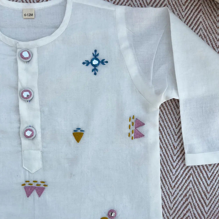Bhaakur Organic Cotton Mirror Work Kurta Set For Boys - White