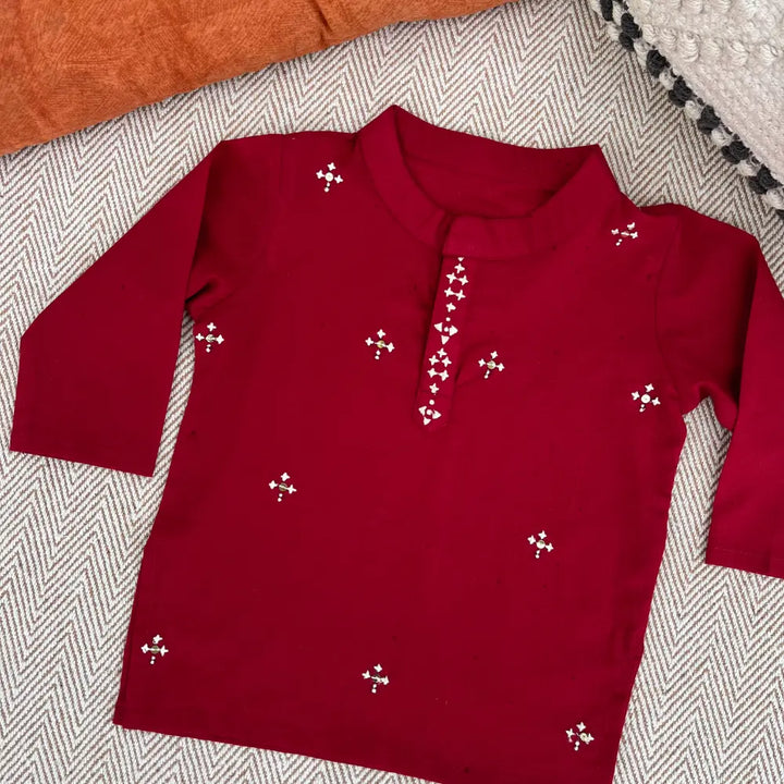 Bhaakur  Cotton Embroidered Kurta Set For Boys - Red