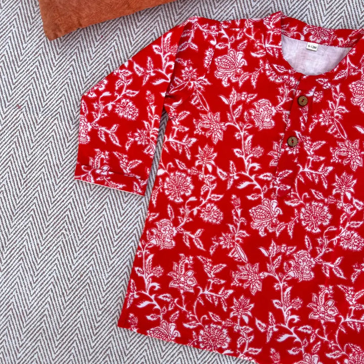 Bhaakur Organic Cotton Floral Kurta Set For Boys - Red