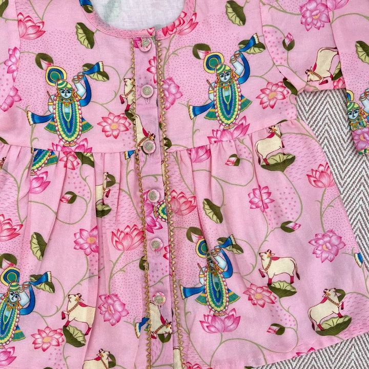 Bhaakur Chanderi Pichwai Print Kurta Set for Girls