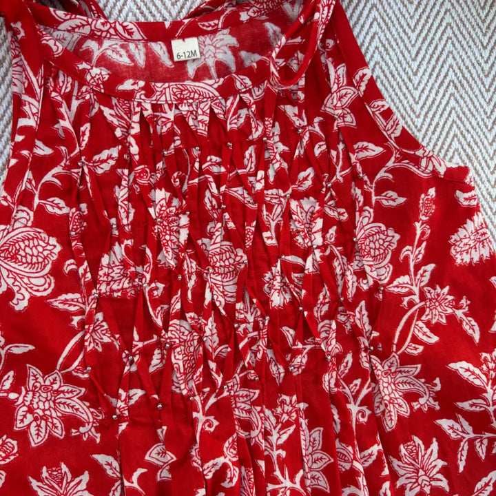 Bhaakur Organic Cotton Floral Tie-Up Co-ord Set For Girls - Red