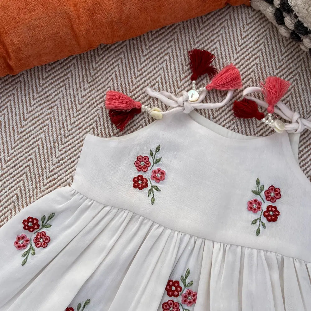 Bhaakur Chanderi Floral Embroidered Tie-Up Dress For Girls - White