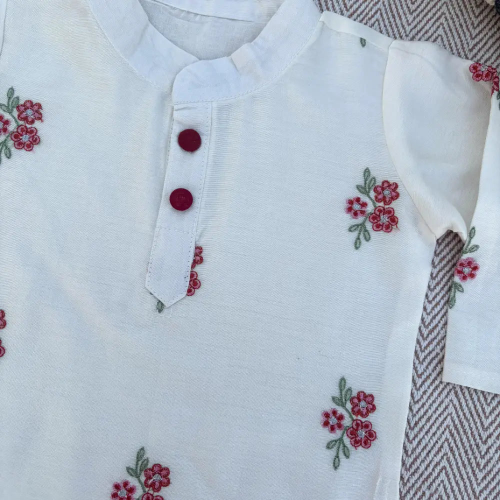 Bhaakur Chanderi Floral Embroidered Kurta Set For Boys - White