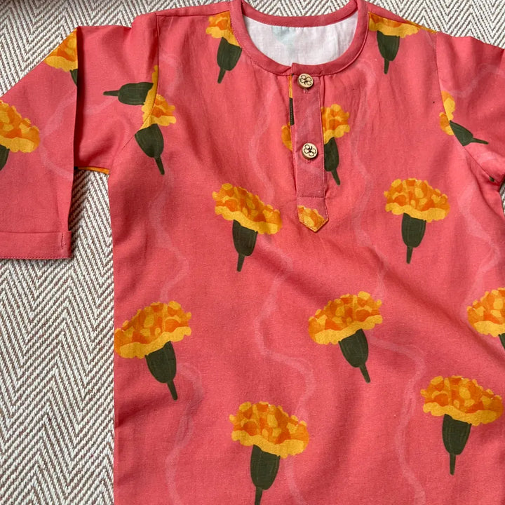 Bhaakur Organic Cotton Marigold Unisex Pink kurta Set