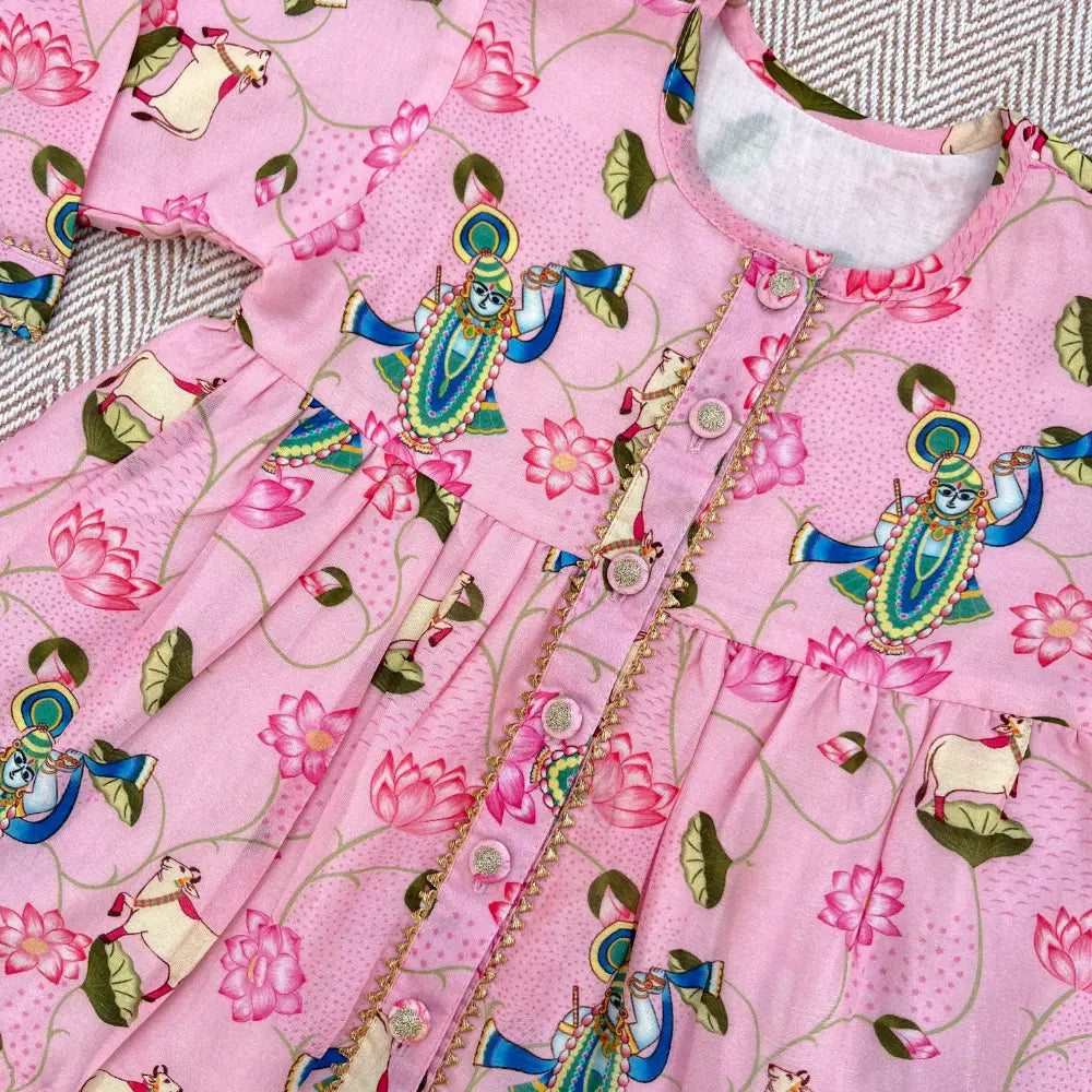 Bhaakur Chanderi Pichwai Print Kurta Set for Girls