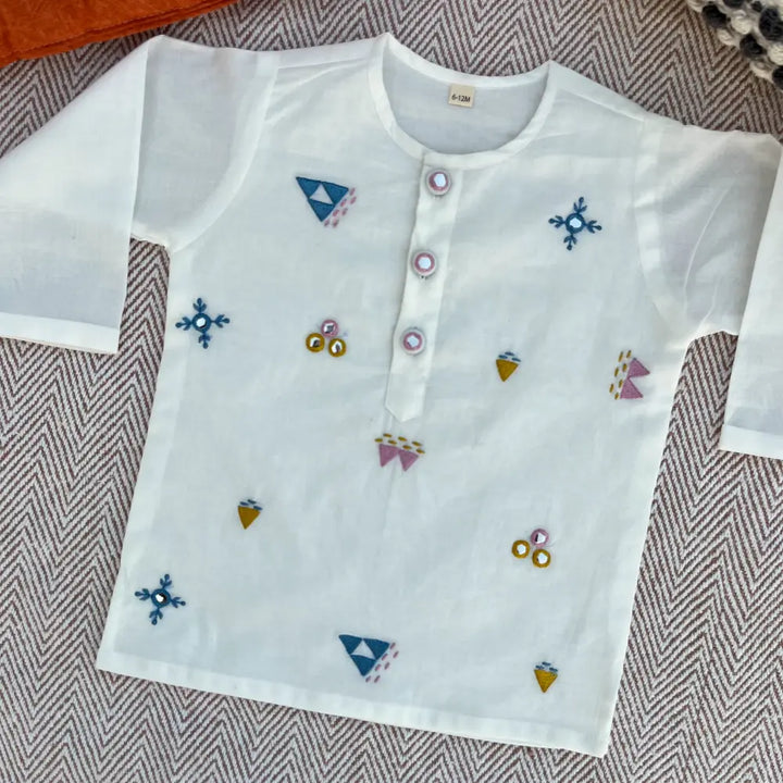 Bhaakur Organic Cotton Mirror Work Kurta Set For Boys - White