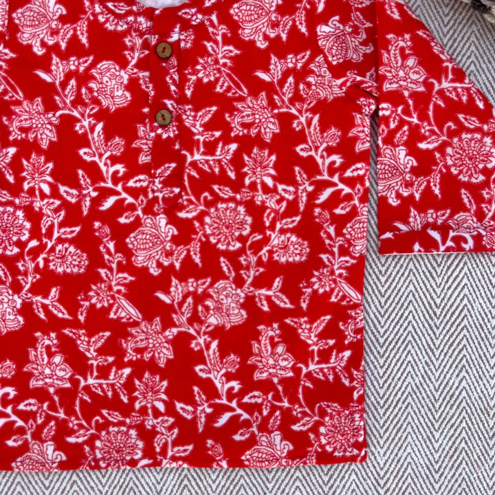 Bhaakur Organic Cotton Floral Kurta Set For Boys - Red