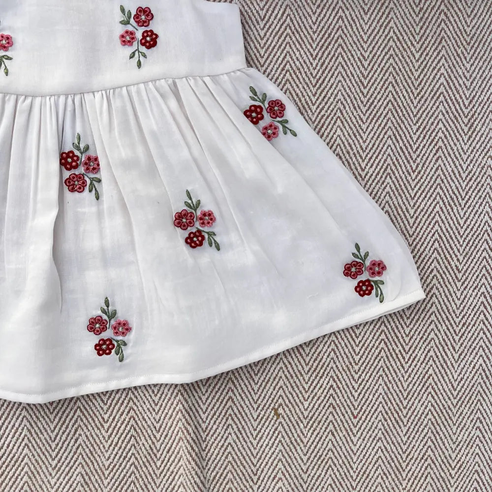 Bhaakur Chanderi Floral Embroidered Tie-Up Dress For Girls - White