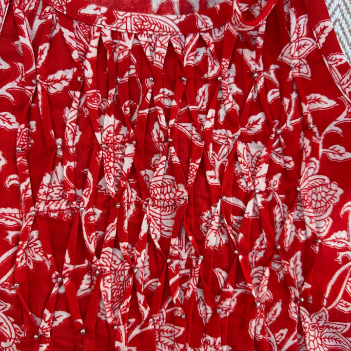 Bhaakur Organic Cotton Floral Tie-Up Co-ord Set For Girls - Red
