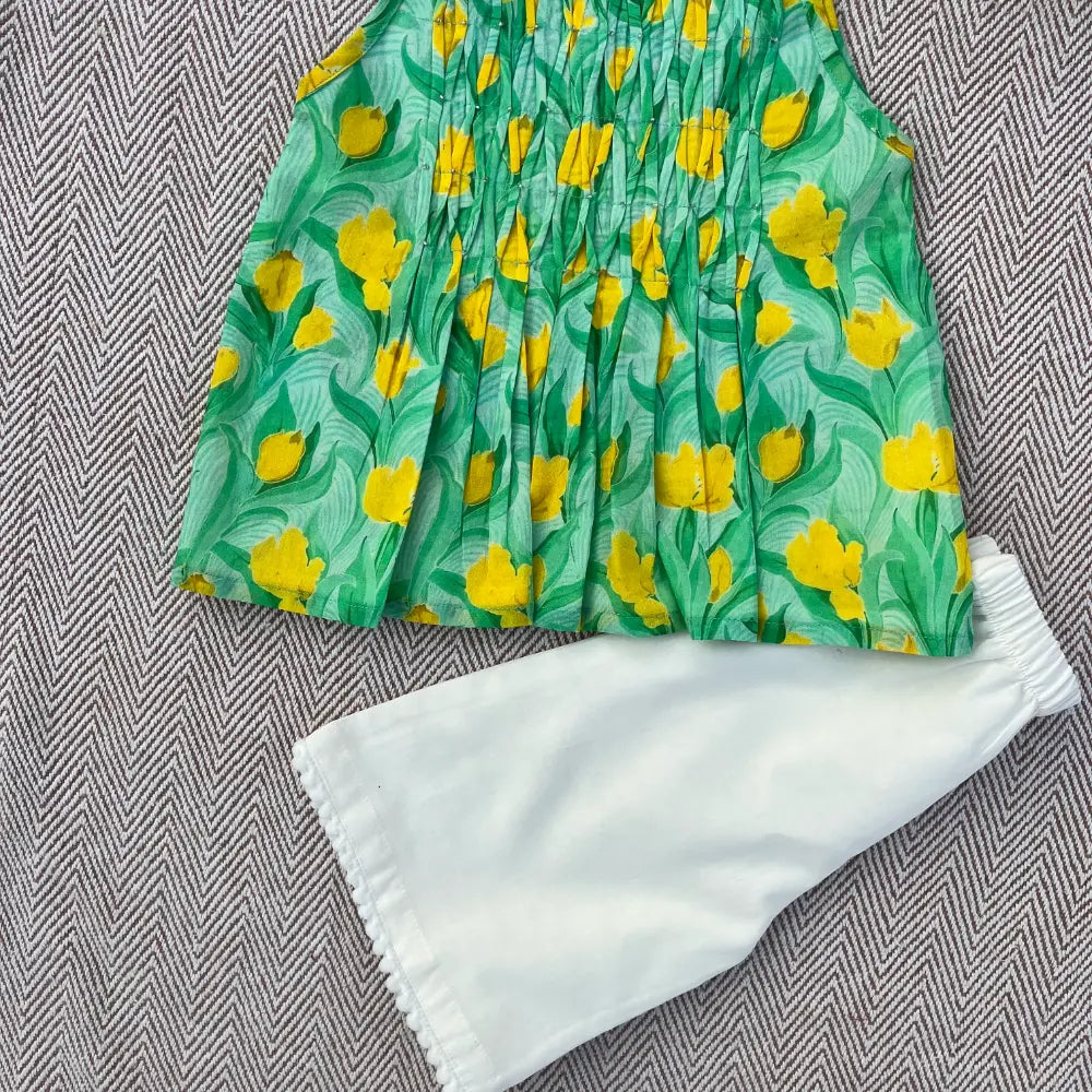 Bhaakur Organic Cotton Floral Tie-Up Co-ord Set For Girls - Green