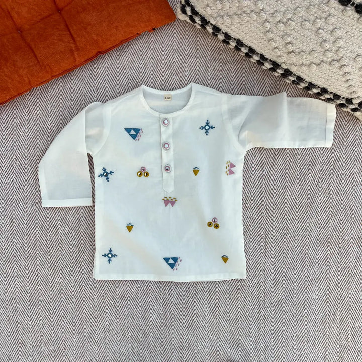 Bhaakur Organic Cotton Mirror Work Kurta Set For Boys - White