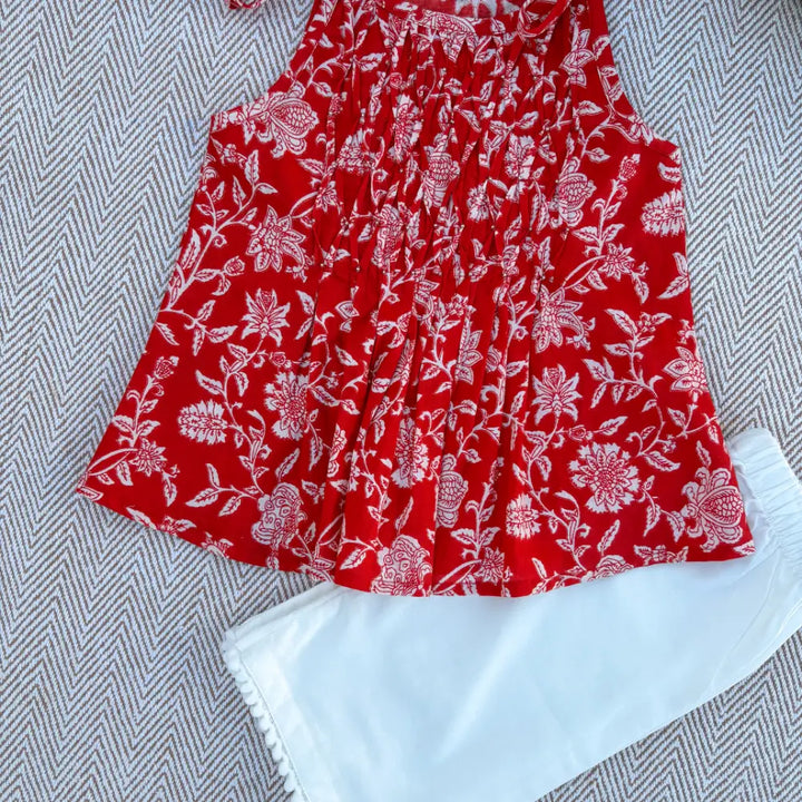 Bhaakur Organic Cotton Floral Tie-Up Co-ord Set For Girls - Red