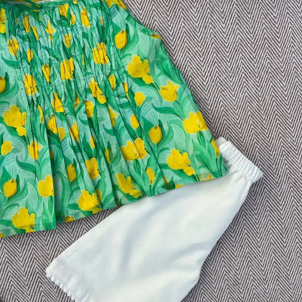 Bhaakur Organic Cotton Floral Tie-Up Co-ord Set For Girls - Green
