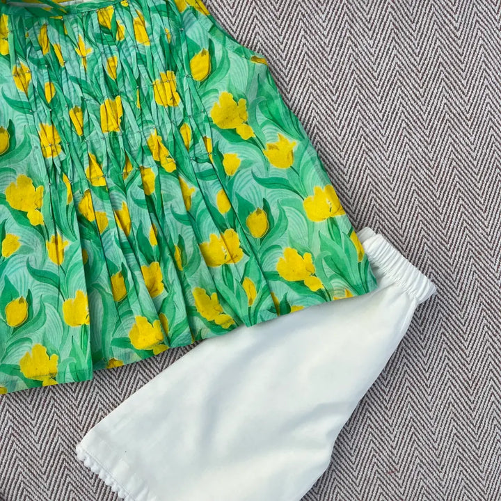 Bhaakur Organic Cotton Floral Tie-Up Co-ord Set For Girls - Green