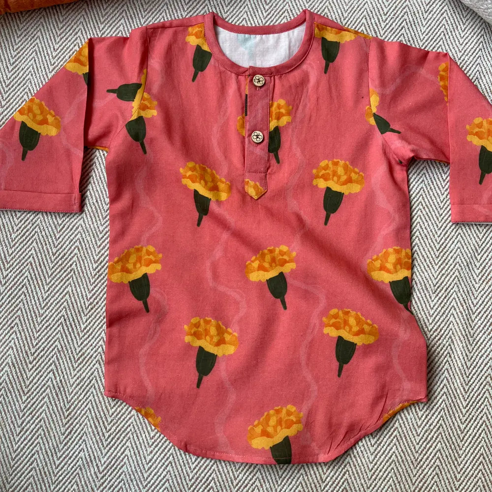 Bhaakur Organic Cotton Marigold Unisex Pink kurta Set