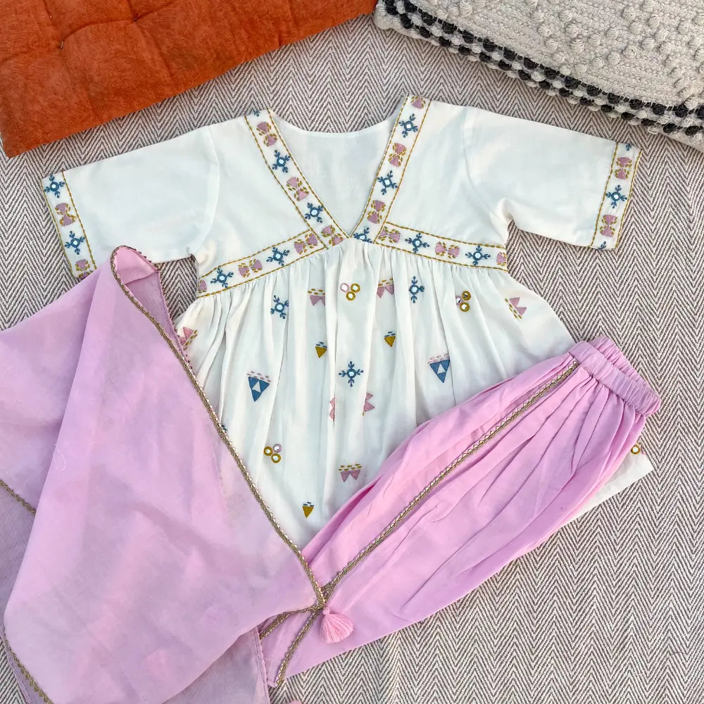 Bhaakur Organic Cotton Mirror Work Kurta Set For Girls - White