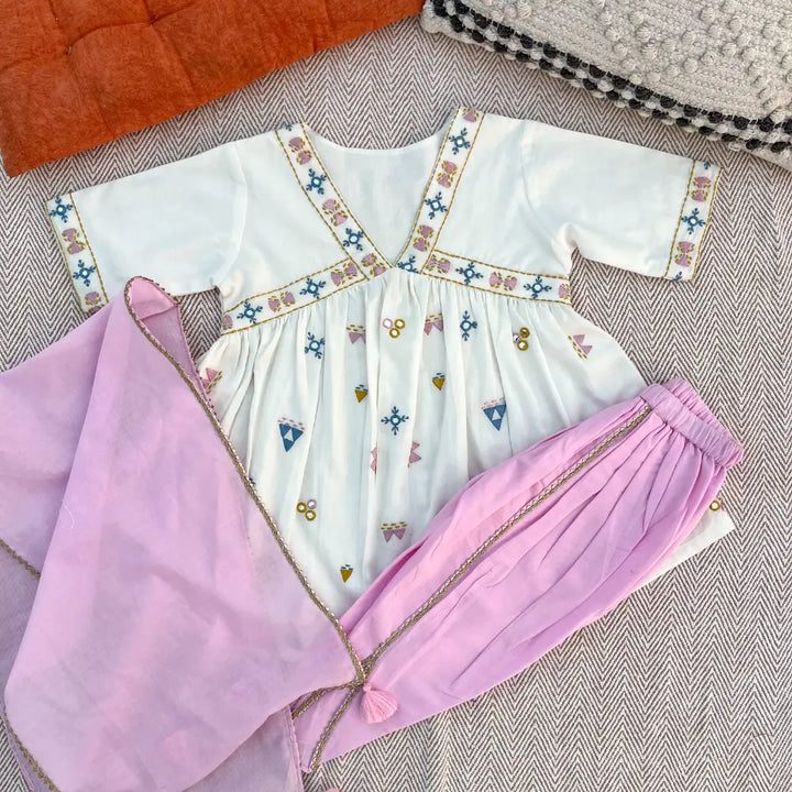 Bhaakur Organic Cotton Mirror Work Kurta Set For Girls - White