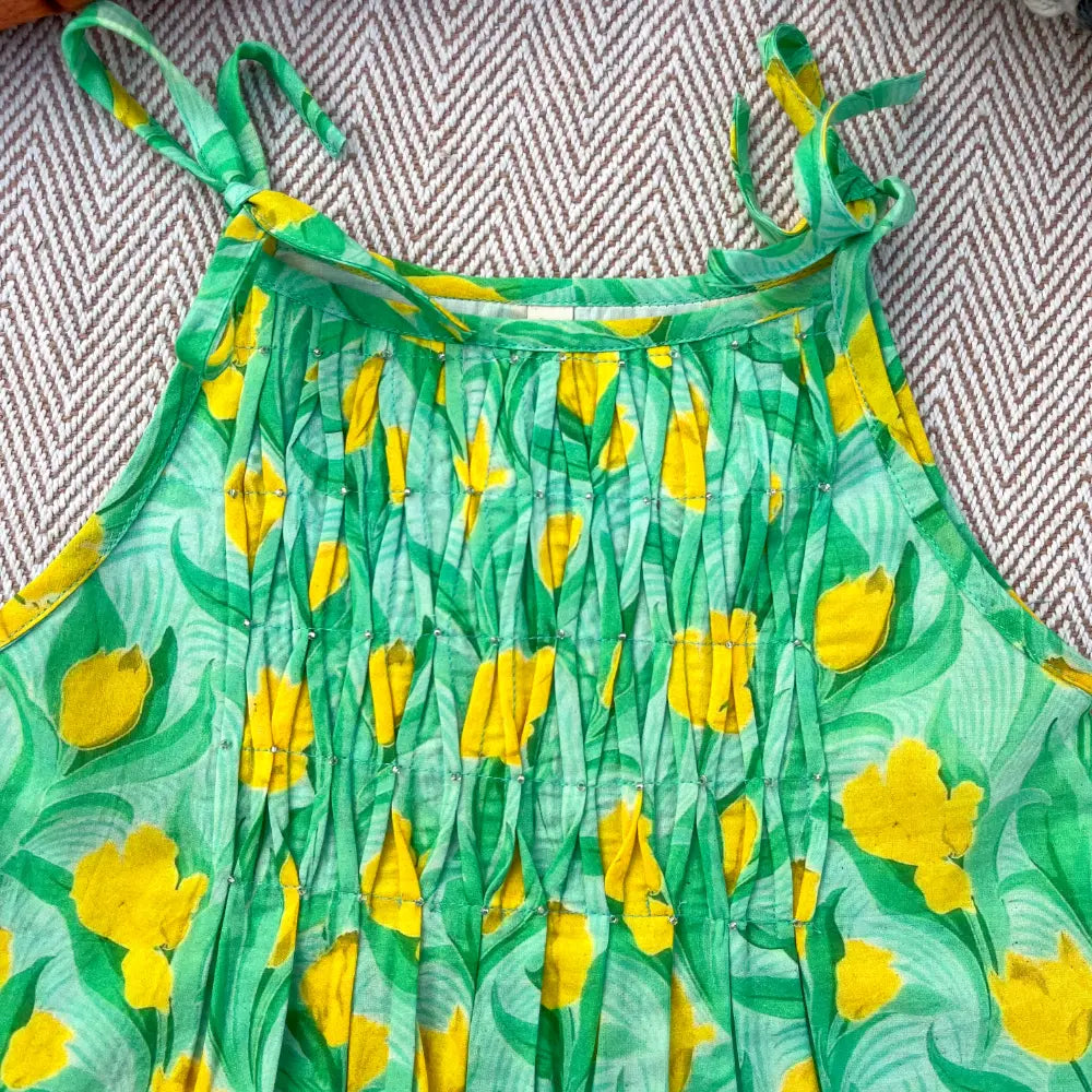 Bhaakur Organic Cotton Floral Tie-Up Co-ord Set For Girls - Green