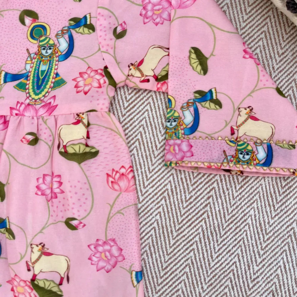 Bhaakur Chanderi Pichwai Print Kurta Set for Girls