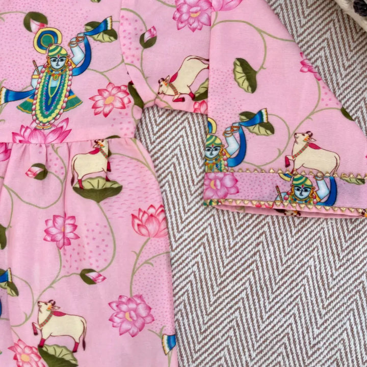 Bhaakur Chanderi Pichwai Print Kurta Set for Girls