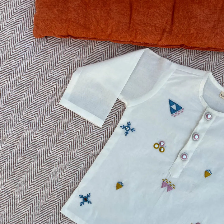 Bhaakur Organic Cotton Mirror Work Kurta Set For Boys - White