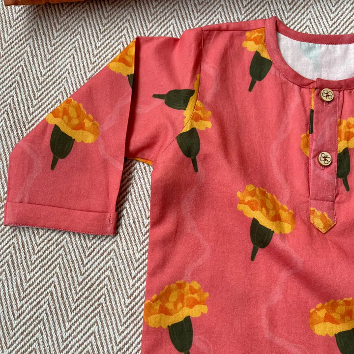 Bhaakur Organic Cotton Marigold Unisex Pink kurta Set