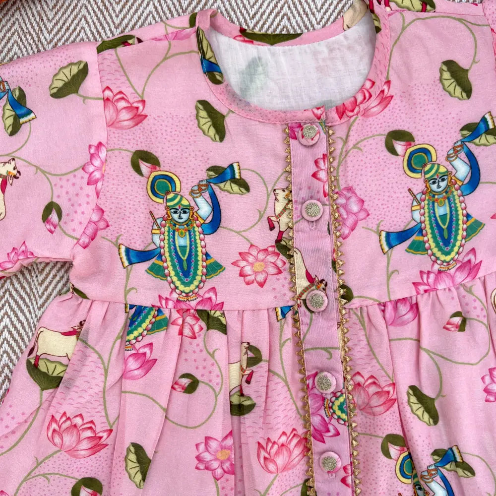 Bhaakur Chanderi Pichwai Print Kurta Set for Girls