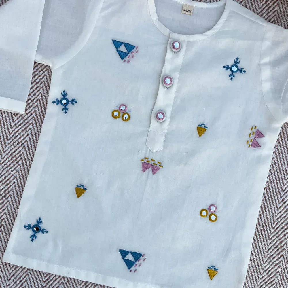 Bhaakur Organic Cotton Mirror Work Kurta Set For Boys - White