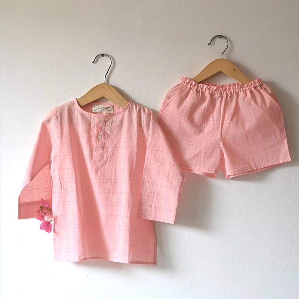 Love The World Today ‘Sleepover Party’ Kurta and Shorts Co-ord Set - Pink Checks