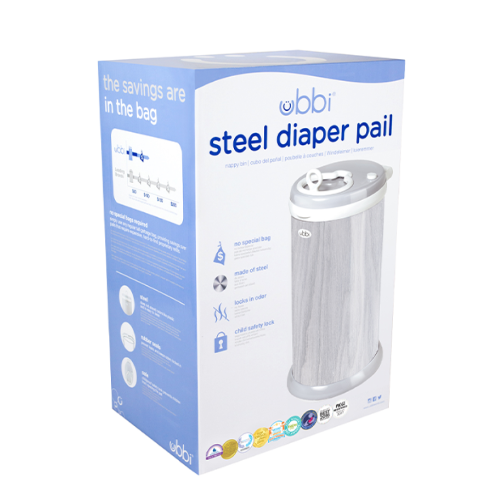 Ubbi Steel Odor Locking Diaper Pail - Grey Woodgrain