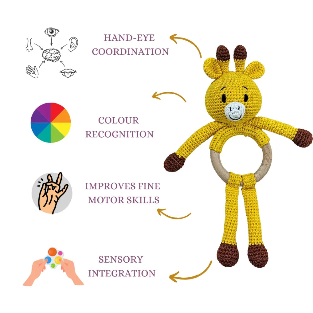 Happy Threads Crochet Giraffe Giggles Rattle Toy – Handmade Cuddly Companion for Newborn Joy