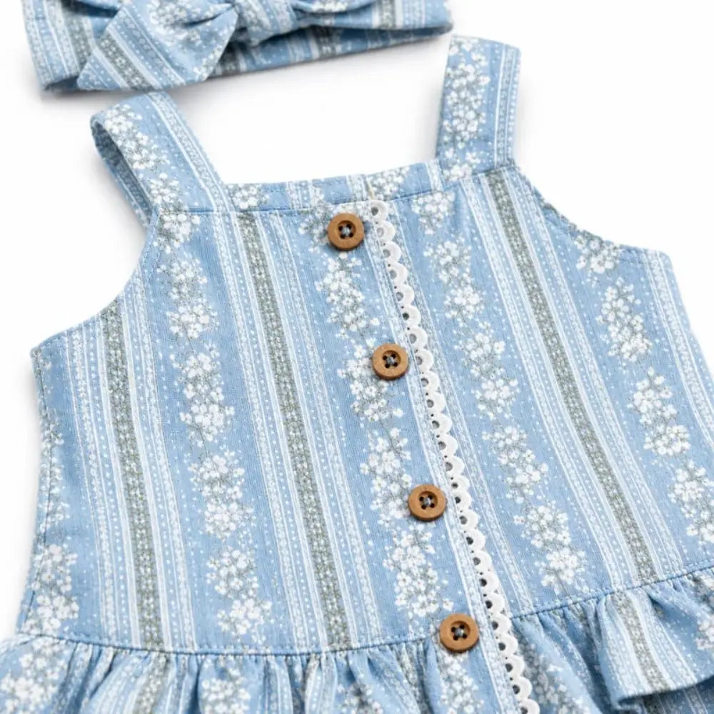 Pattuti Sustainable Linen Blend Baby Girl Co-ord Set With Top, Pants &amp; Hairband | Sky Blue Outfit Set For Kids | Comfortable Summer Wear