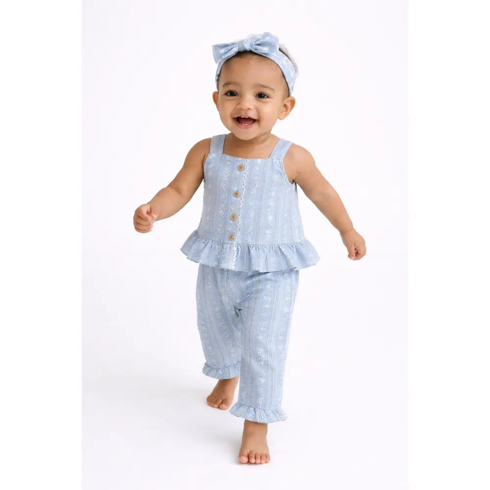 Pattuti Sustainable Linen Blend Baby Girl Co-ord Set With Top, Pants &amp; Hairband | Sky Blue Outfit Set For Kids | Comfortable Summer Wear