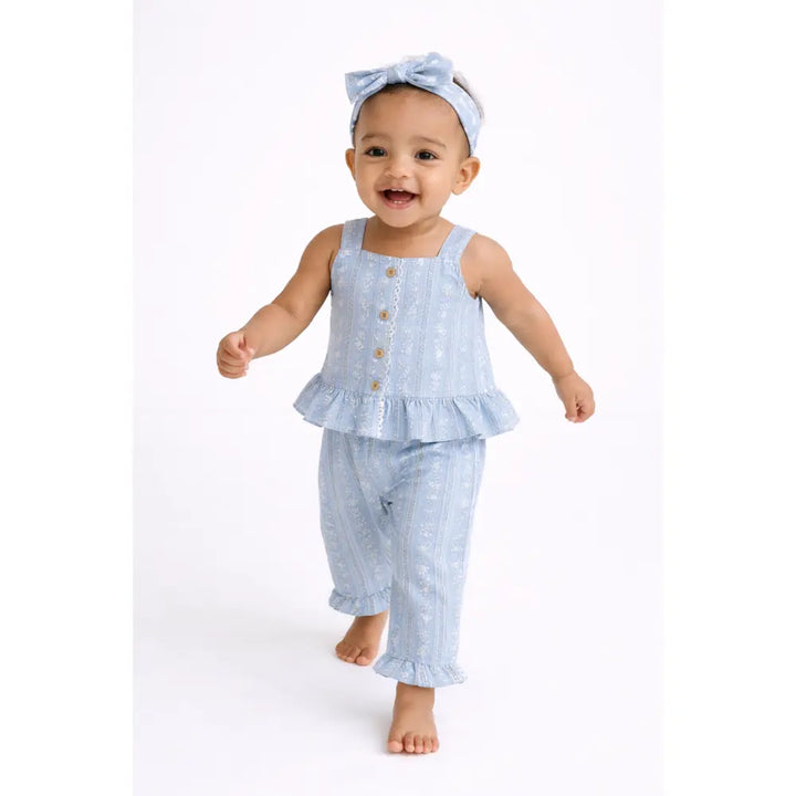 Pattuti Sustainable Linen Blend Baby Girl Co-ord Set With Top, Pants &amp; Hairband | Sky Blue Outfit Set For Kids | Comfortable Summer Wear