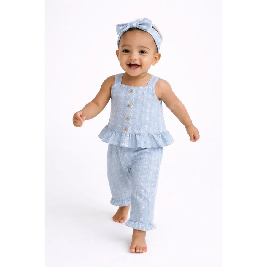 Pattuti Sustainable Linen Blend Baby Girl Co-ord Set With Top, Pants & Hairband | Sky Blue Outfit Set For Kids | Comfortable Summer Wear