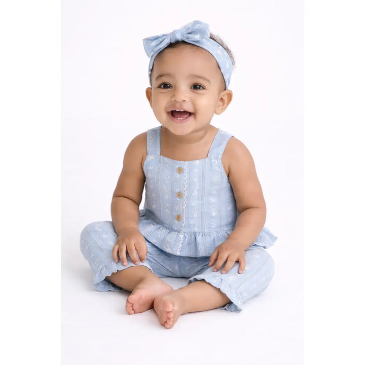 Pattuti Sustainable Linen Blend Baby Girl Co-ord Set With Top, Pants &amp; Hairband | Sky Blue Outfit Set For Kids | Comfortable Summer Wear
