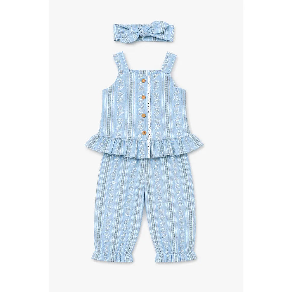 Pattuti Sustainable Linen Blend Baby Girl Co-ord Set With Top, Pants &amp; Hairband | Sky Blue Outfit Set For Kids | Comfortable Summer Wear