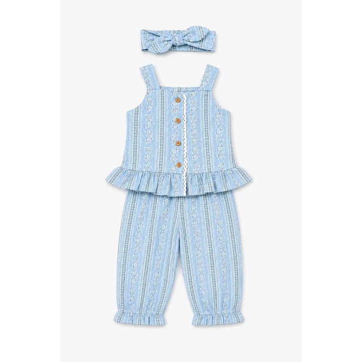 Pattuti Sustainable Linen Blend Baby Girl Co-ord Set With Top, Pants &amp; Hairband | Sky Blue Outfit Set For Kids | Comfortable Summer Wear