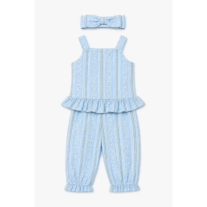 Pattuti Sustainable Linen Blend Baby Girl Co-ord Set With Top, Pants &amp; Hairband | Sky Blue Outfit Set For Kids | Comfortable Summer Wear