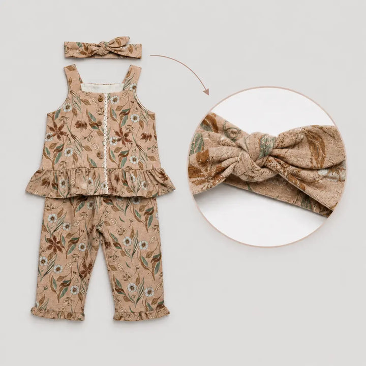 Pattuti Sustainable Linen Blend Co-Ord Set Of Top Set With Pants + Hairband - Beige