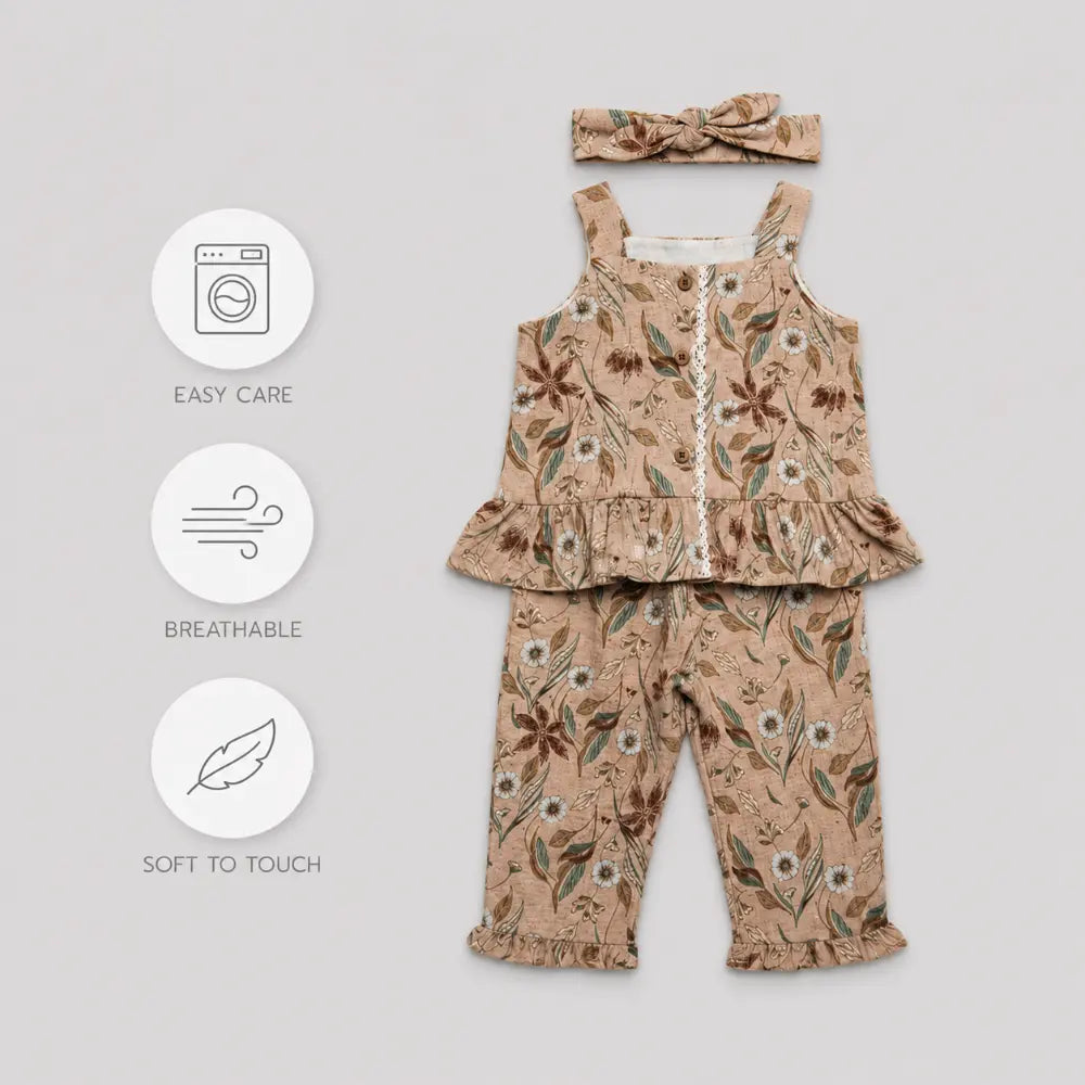 Pattuti Sustainable Linen Blend Co-Ord Set Of Top Set With Pants + Hairband - Beige